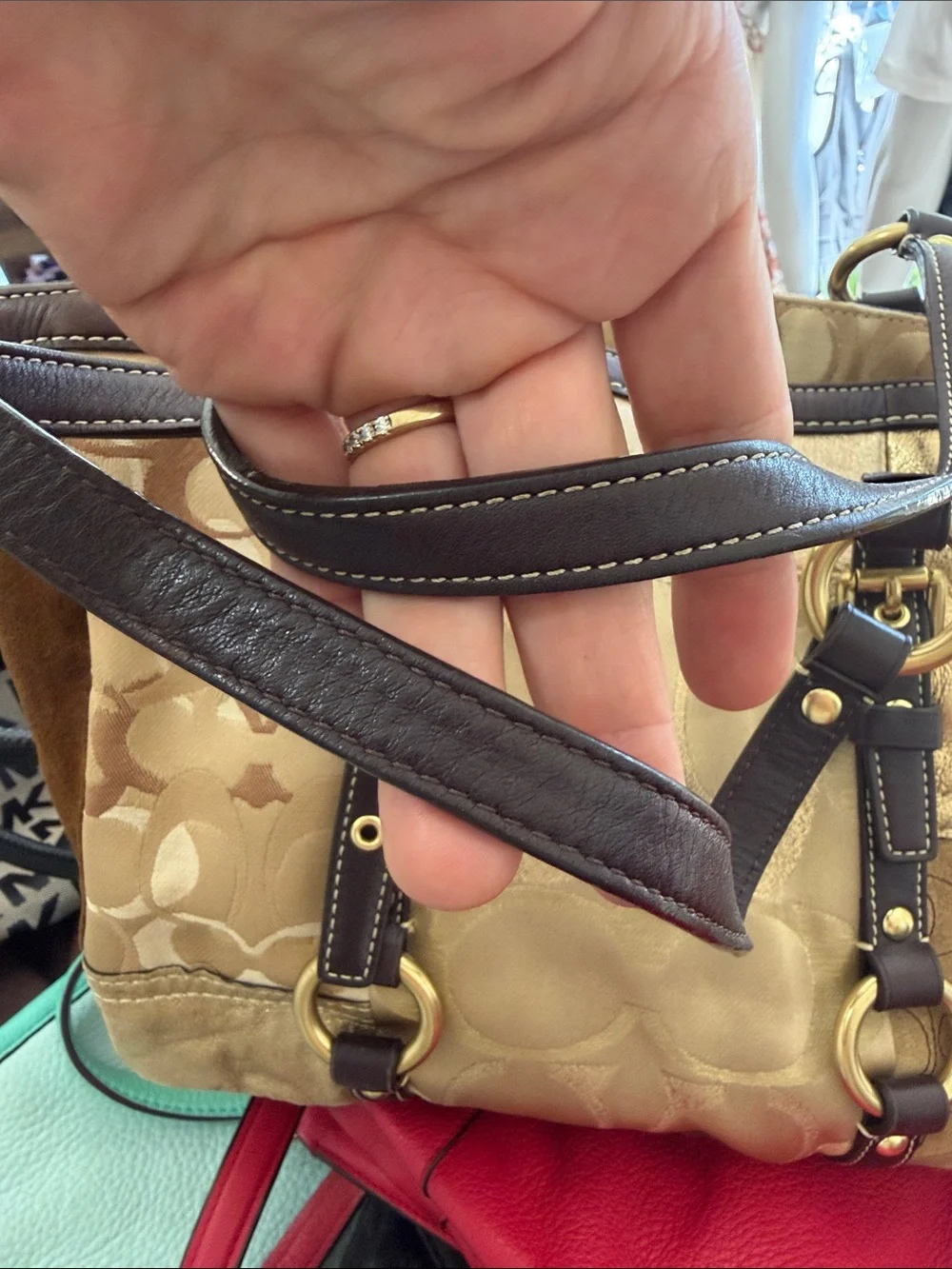 Coach Patchwork Signature Shoulder Tote in Metallic Gold and Brown Leather Trim